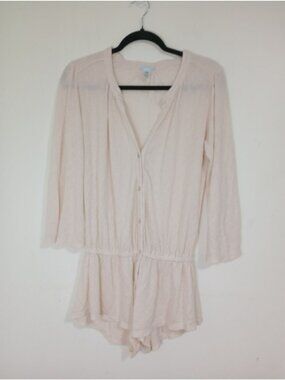 Eberjey Womens Beige Lace Long Sleeve Romper M/M Button-Front Knit Elastic Waist